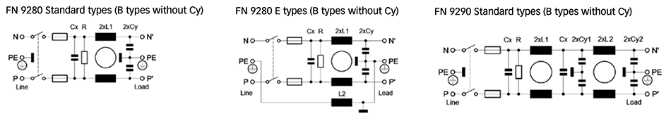 Schematic - TE Connectivity / Schaffner FN9280 & FN9290 Ultra-Compact IEC Inlet Filters